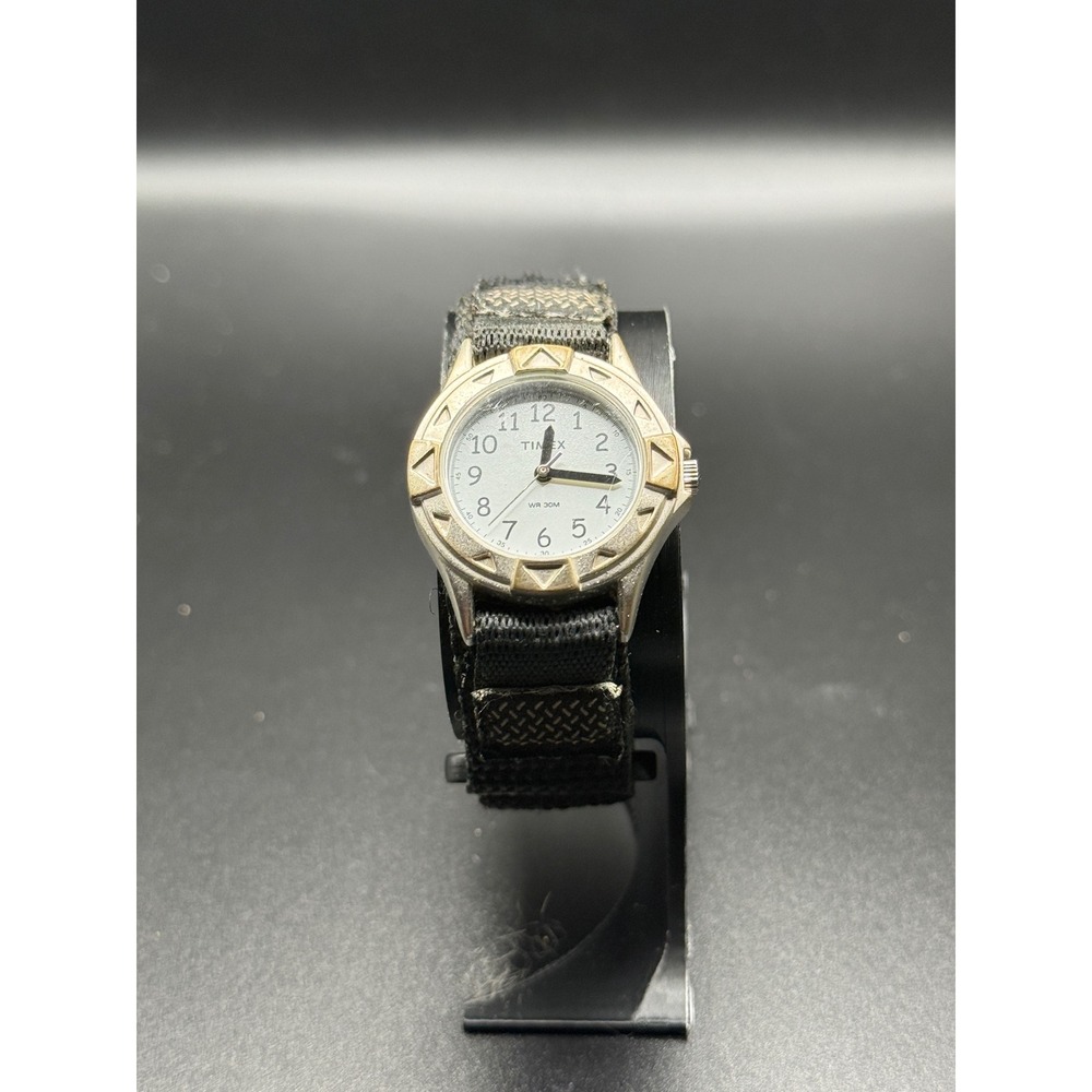 Timex Ladies Sport Watch Silver-Tone Case White Dial Velcro Strap WR30M